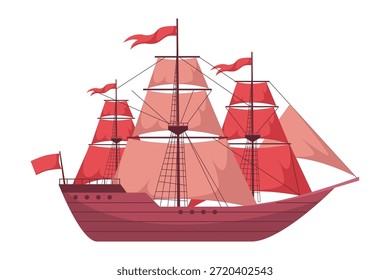 Ilustración de velero de Vector plano en vista lateral. Velero de madera clásico con las velas rojas aisladas en el fondo blanco para la historia marítima, la aventura, los conceptos de la navegación.