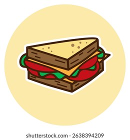 Flat Vector Sandwich Illustration with Cheese, Lettuce, and Tomato. Modern Food Icon in Bold Outline Style