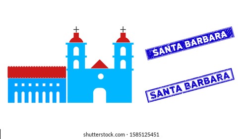 Flat vector Santa Barbara mission icon and rectangle Santa Barbara stamps. A simple illustration iconic design of Santa Barbara Mission on a white background.