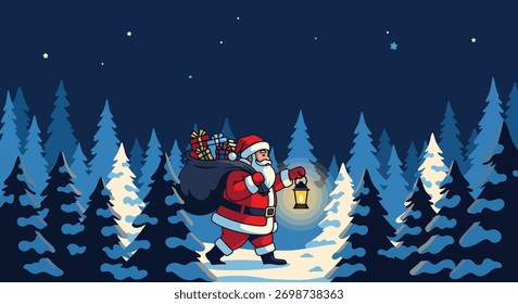 Flat vector of Santa walking through snowy forest with lantern and bag of gifts, magical Christmas delivery night