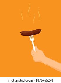 Flat vector sausage on a fork isolated