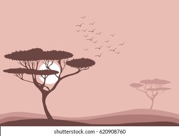 flat vector savannah landscape illustration, flying birds and acacia trees