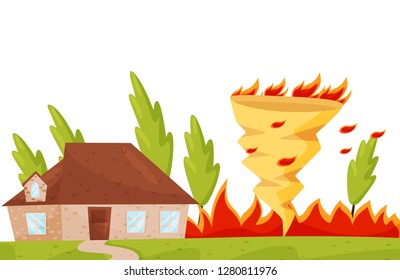 Flat Vector Scene With Dangerous Fire Whirl Near Living House, Burning Trees. Fire Tornado. Natural Disaster