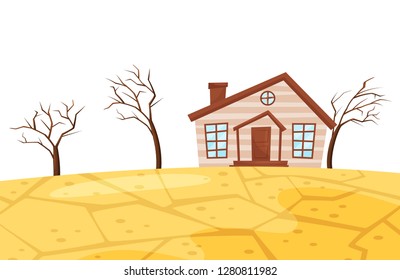 Flat vector scene of drought. Small living house, dry trees and cracked earth. Ecological catastrophe. Natural disaster