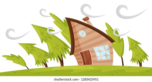 Flat vector scene with house and fir trees blowing away by strong wind. Powerful windstorm. Natural disaster