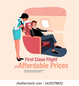 Flat vector scene of a premium airplane cabin. A professional flight attendant in a blue uniform serves a bottle of wine to a businessman relaxing in a spacious red first-class seat. Features "First Class Flight at Affordable Prices" typography.