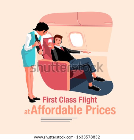 Flat vector scene of a premium airplane cabin. A professional flight attendant in a blue uniform serves a bottle of wine to a businessman relaxing in a spacious red first-class seat. Features "First Class Flight at Affordable Prices" typography.