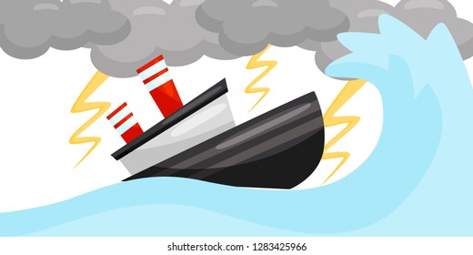 Flat vector scene with ship in strong lightning storm. Sea wave and dark gray clouds. Extreme weather. Natural disaster