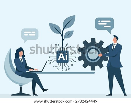 A flat vector scene showing a team discussing AI solutions. A plant growing from an AI chip represents sustainable technological advancement and innovation