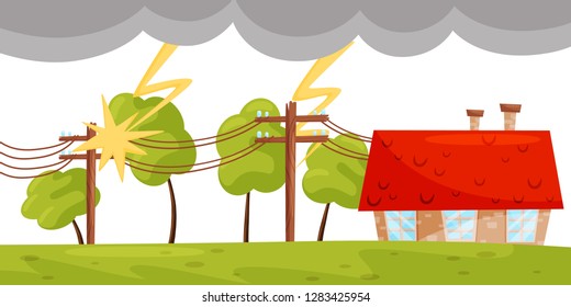 Flat vector scene with small living house, lightning strikes on electricity line. Strong thunderbolt. Natural disaster