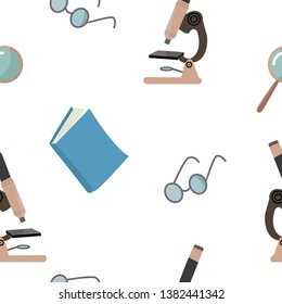 Flat vector scientific seamless pattern. Laboratory stuff for investigations. Microbiology and chemistry theme.