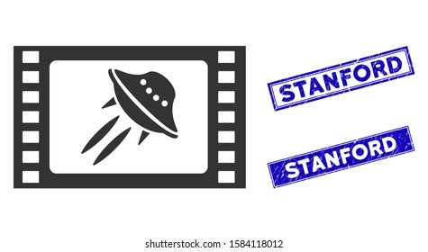 Flat vector sci-fi movie icon and rectangular Stanford rubber prints. A simple illustration iconic design of Sci-Fi Movie on a white background. Blue Stanford rubber stamps with grunged surface.