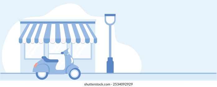 Flat vector scooter parked in front of shop with streetlamp