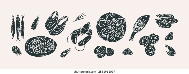 Flat vector seafood collection. Whimsical illustration