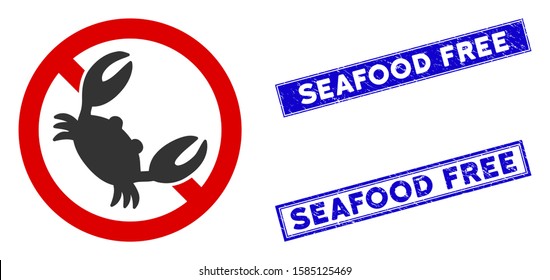 Flat vector seafood free pictogram and rectangle Seafood Free seal stamps. A simple illustration iconic design of Seafood Free on a white background.