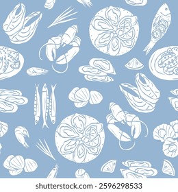 Flat vector seafood seamless pattern
