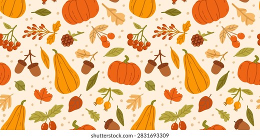 Flat vector seamless autumn pattern with pumpkins, acorns, leaves and wild berries in warm orange, brown and olive tones on a cream background.