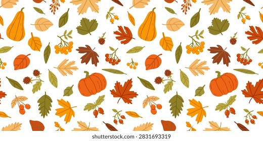 Flat vector seamless autumn pattern with pumpkins, colorful leaves, acorns and wild berries in warm orange, brown and olive tones on a white background.