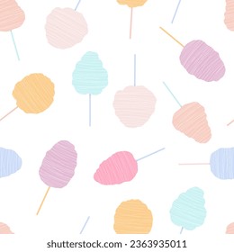 Flat vector seamless cartoon pattern with cotton candy. Sweet street food for kids and adults. Isolated design for printing on a white background.