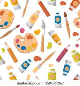 Flat vector seamless pattern art studio, designing, drawing, art, education, creativity. Online courses, tutorials for mobile and web graphics. Paints, easel, brushes, palette knife, palette, pencils,