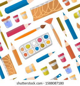 Flat vector seamless pattern art studio, designing, drawing, art, education, creativity. Online courses, tutorials for mobile and web graphics. Paints, easel, brushes, palette knife, palette, pencils
