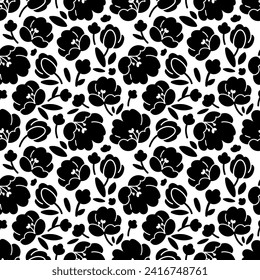 Flat vector seamless pattern with black tulip poppy flowers. Vector design in black and white colors. Digital image illustration for wrapping paper or clothing factory with textile printing
