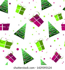 
Flat vector. Seamless pattern. Christmas tree, green and pink boxes on a white background.