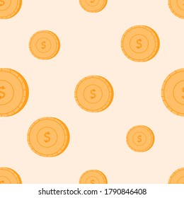 Flat vector seamless pattern with coins. Golden pennies pattern.