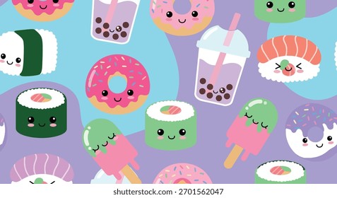 Padrão de vetor plano sem emenda de sushi bonito, rosquinhas, chá de boba e sorvete com rostos sorridentes. Cores pastel sólidas, formas limpas, sem gradientes, ideal para embalagem e design infantil