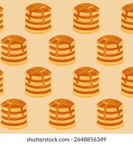 Flat vector seamless pattern with delicious pancakes stacked and topped with maple syrup. Ideal for food packaging, textile design, breakfast menus, and sweet treat illustrations.