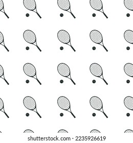 Flat vector seamless pattern, digital paper. Hand drawn tennis rackets and balls