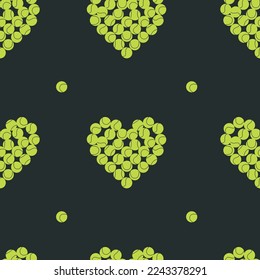 Flat vector seamless pattern, digital paper. Hand drawn tennis balls in heart