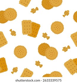 Padrão plano vetor sem emenda com bolachas redondas e quadradas desenhadas à mão espalhadas em um fundo branco limpo. Design inspirado na padaria simples e saboroso.