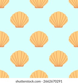 Flat vector seamless pattern featuring orange scallop seashells evenly spaced on light blue background. For printing packaging, wallpaper, fabric, textile, card, summer, ocean, beach and kids design.