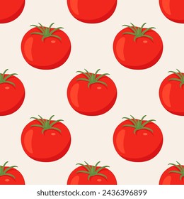 Flat Vector Seamless Pattern with Fresh Tomato on a White Background. Seamless Vegetable Print with Whole Tomatoes