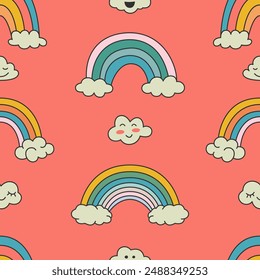 Flat Vector Seamless Pattern with Funny Cartoon Rainbow and Clouds. Trendy Trippy Retro Cartoon Style. Hippie 60s, 70s Style