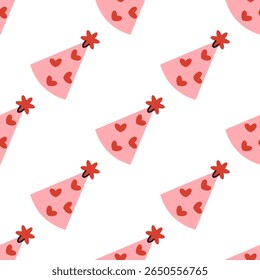 Flat vector seamless pattern with funny party hats. Celebration and holiday design element. Repeating hat pattern for greeting cards, fabric or wrapping.