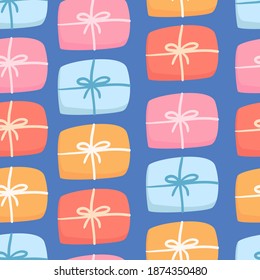 Flat vector seamless pattern with gift boxes. design For Various Holidays. Illustration for greeting cards, invitations, posters.