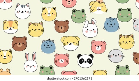 Flat vector seamless pattern of kawaii animal faces including cat, bunny, bear, and panda. Solid pastel tones, round shapes, no gradients, perfect for textile and kids wallpaper