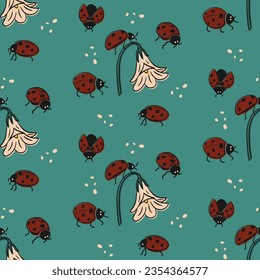 Flat vector seamless pattern with ladubugs on green meadow. Isolated red insects with blooming bell flower. Minimalistic cartoon design. Perfect for decoration, textile, wrapping paper, background