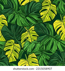 Flat Vector Seamless Pattern Monstera Deliciosa Leaf