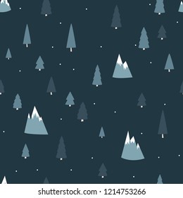Flat vector seamless pattern with mountains in the snow. Pine forest. Childish hand-drawn illustration in simple cartoon style in pastel colors. Dark background.Minimalistic Scandinavian style