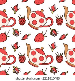 flat vector seamless pattern on the fun cups and teapot for tea and coffee