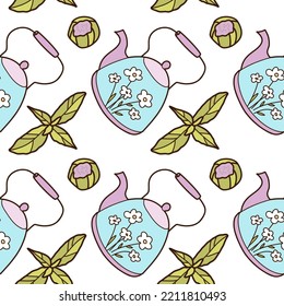 flat vector seamless pattern on the fun cups and teapot for tea and coffee