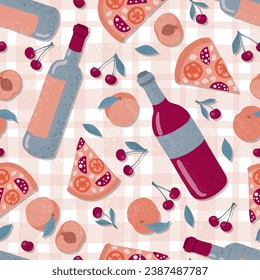 Flat vector seamless pattern picnic on the tablecloth. Illustration in a flat style. Delicate colors, limited palette. Wine, fruit. pizzas on a checkered tablecloth