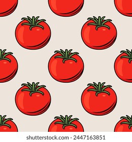 Flat Vector Seamless Pattern with Red Fresh Tomato on White Background. Seamless Vegetable Print with Cartoon Hand Drawn Tomatoes