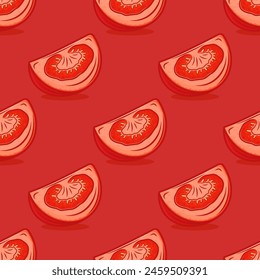 Flat Vector Seamless Pattern with Red Fresh Tomato on Red Background. Seamless Vegetable Print with Cartoon Hand Drawn Tomatoes