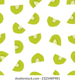 Flat vector seamless pattern of sliced kiwi. Scattered slices of Chinese gooseberry. A delicious and healthy snack. Isolated design for textile, fabric, wrapping on a white background.