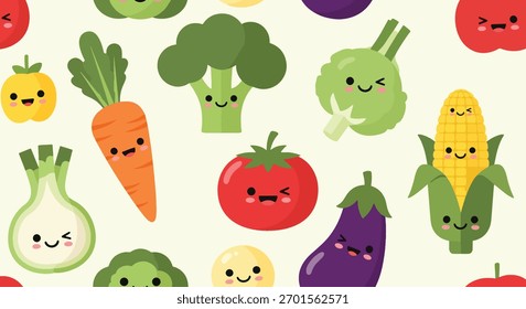 Flat vector seamless pattern of smiling vegetables like carrot, broccoli, and corn. Solid soft tones, no gradients, kawaii organic design, ideal for packaging and food branding