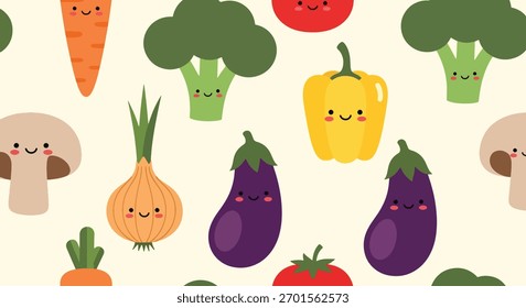Flat vector seamless pattern of smiling vegetables like carrot, broccoli, and corn. Solid soft tones, no gradients, kawaii organic design, ideal for packaging and food branding